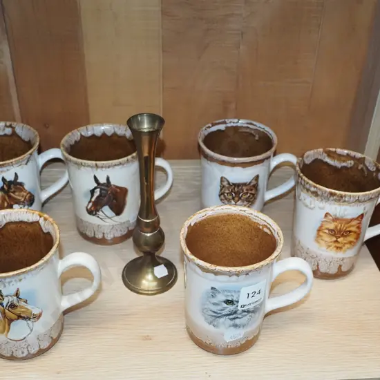 cat themed cups, brass vase