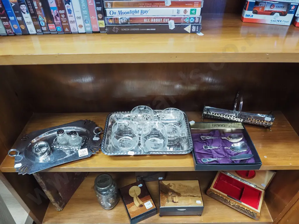 shelf; plated ware, etched tumblers Image 1++