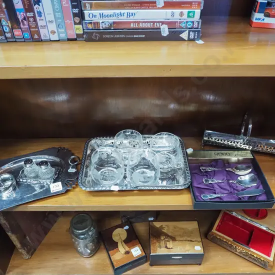 shelf; plated ware, etched tumblers