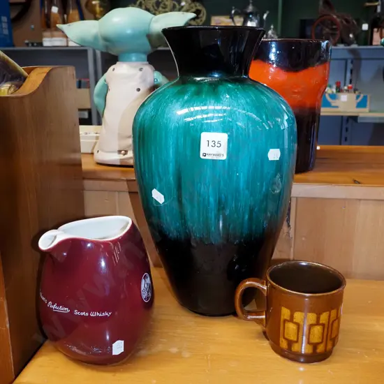 Blue Mountain vase, whisky jug, Crown Lynn coffee cup Vase H330