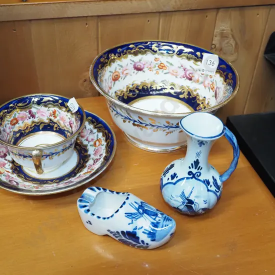 blue and gold bowl, cup saucer etc