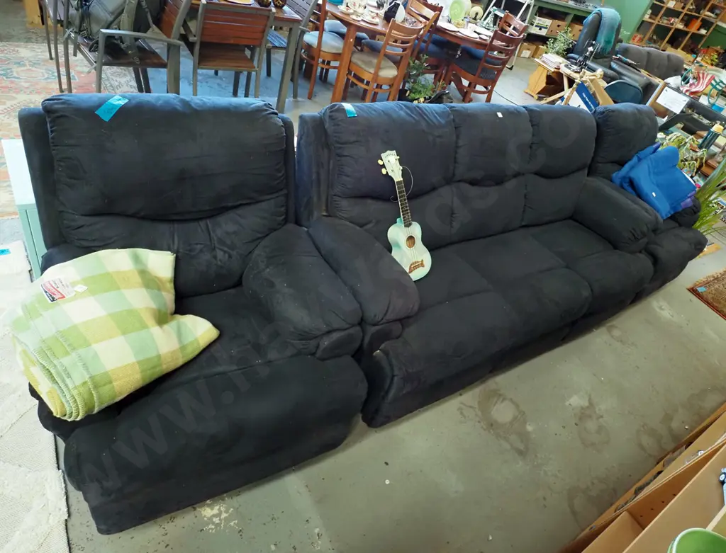 blue/black suedette 3 piece lounge suite - 3 seater, 2x single recliners Image 1++