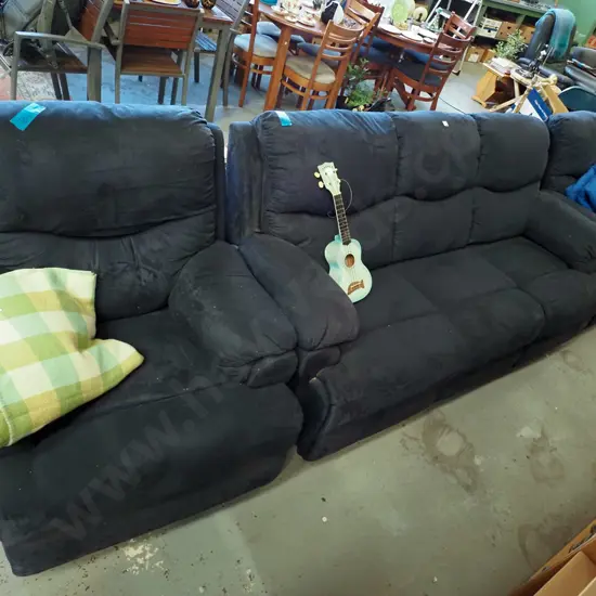 blue/black suedette 3 piece lounge suite - 3 seater, 2x single recliners