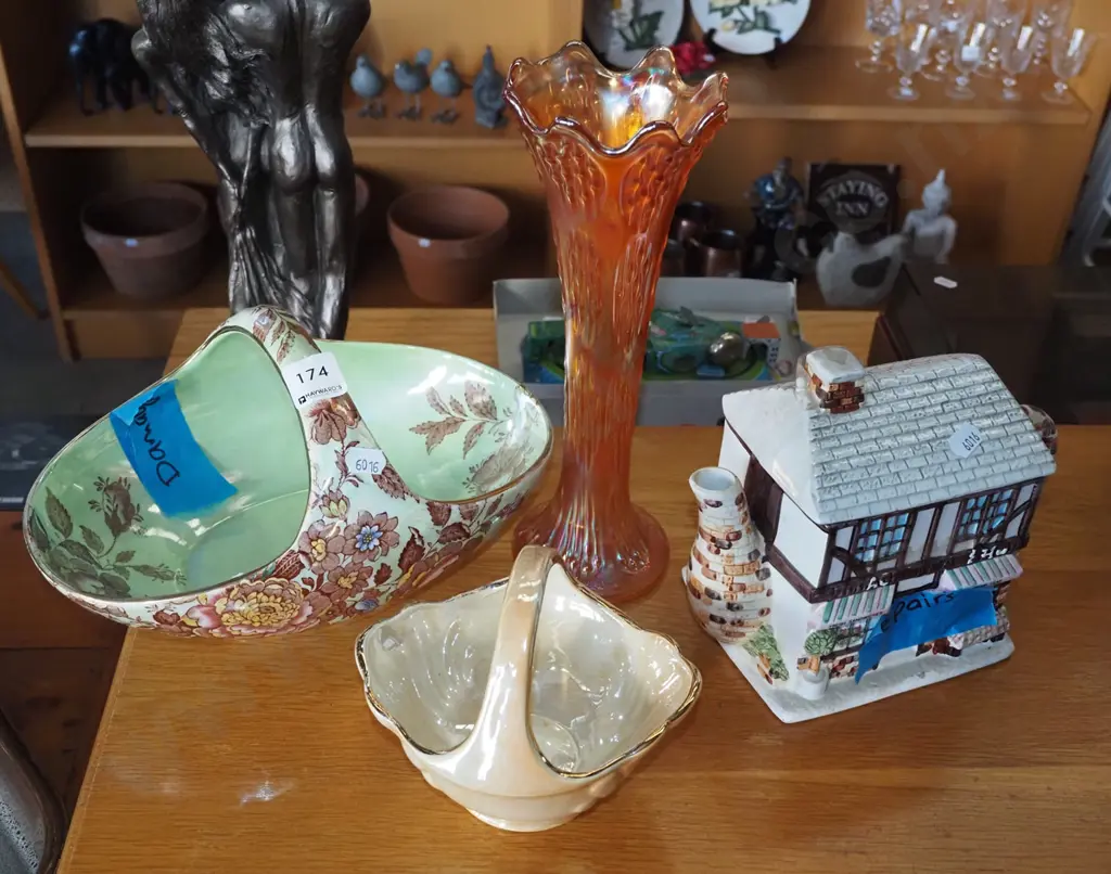 2x Maling baskets - 1 has some damage, amber glass vase, novelty teapot - repairs  Image 1++