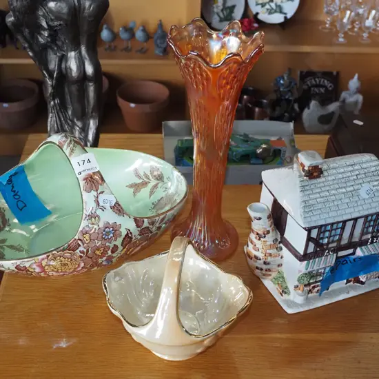 2x Maling baskets - 1 has some damage, amber glass vase, novelty teapot - repairs 