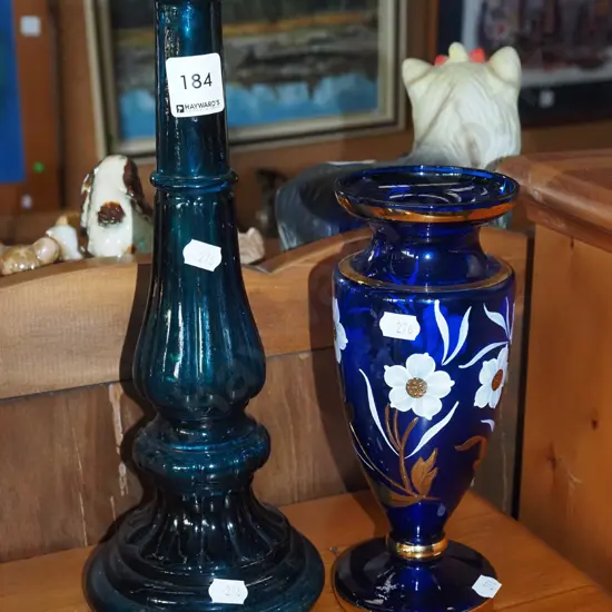 hand painted colbalt vase, blue glass vase H300