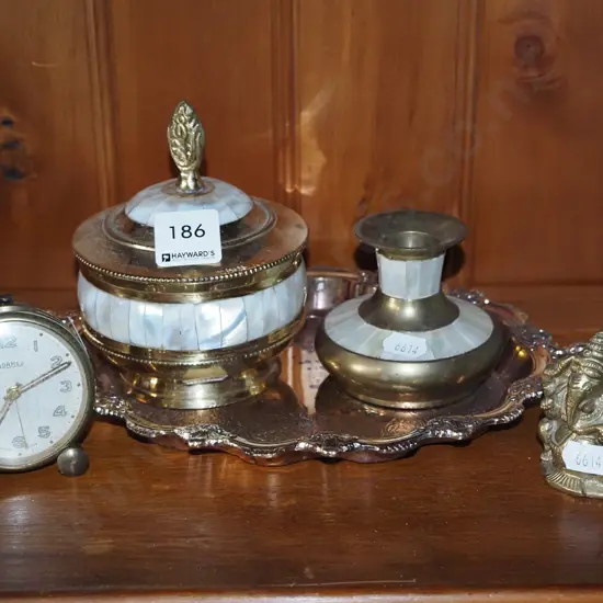 mother of pearl trinket box, vase, tray etc