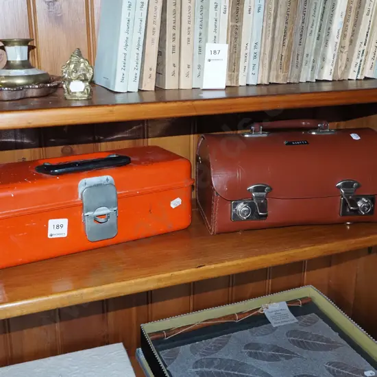 orange tool box, small leather case
