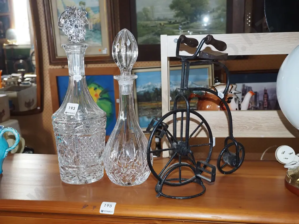 wrought metal model bike, 2x decanters H360 Image 1++
