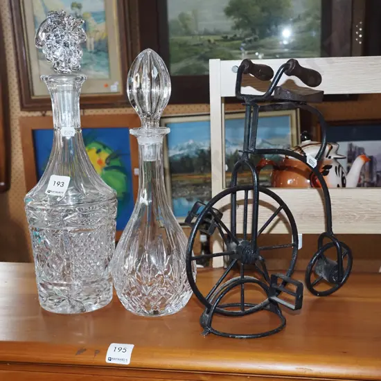wrought metal model bike, 2x decanters H360