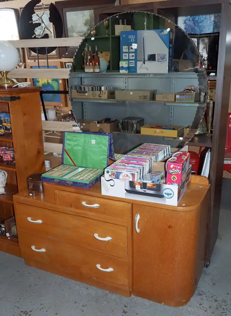 oak deco 3 drawer 1 door mirror back dresser H1600 W1210 D380 Image 1++