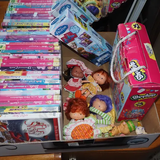 childrens DVDs, dolls etc