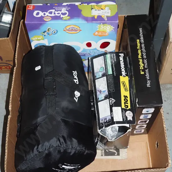 box; sleeping bag, digital photo frame, board game etc