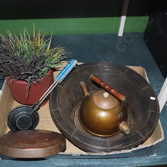 box; fruit bowl, copper kettle, faux plants etc