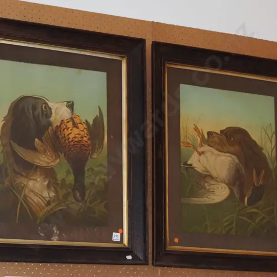 2x oak framed bird dog prints - orange dots