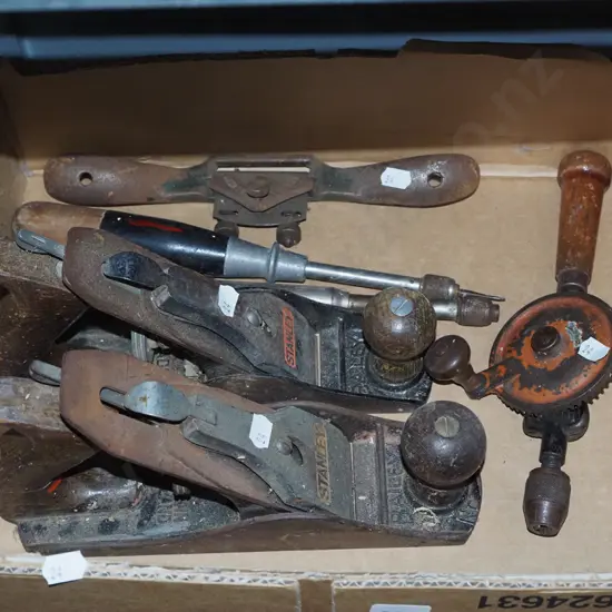 box; hand planes, egg beater drill, spoke shave etc