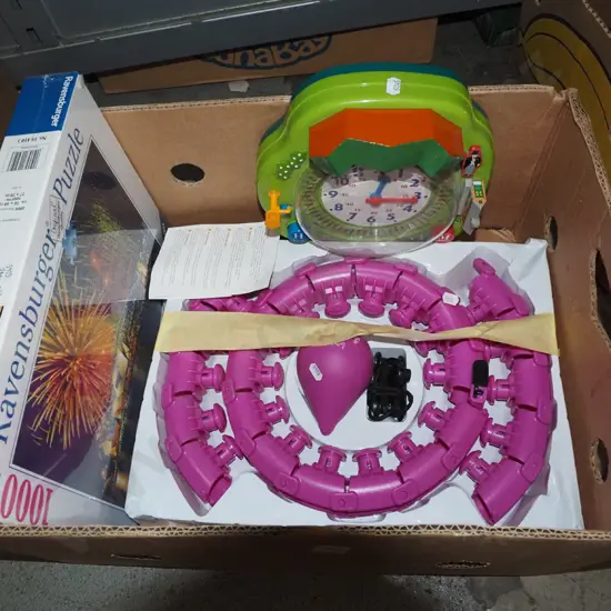 box; child's clock, hulu ring, puzzles