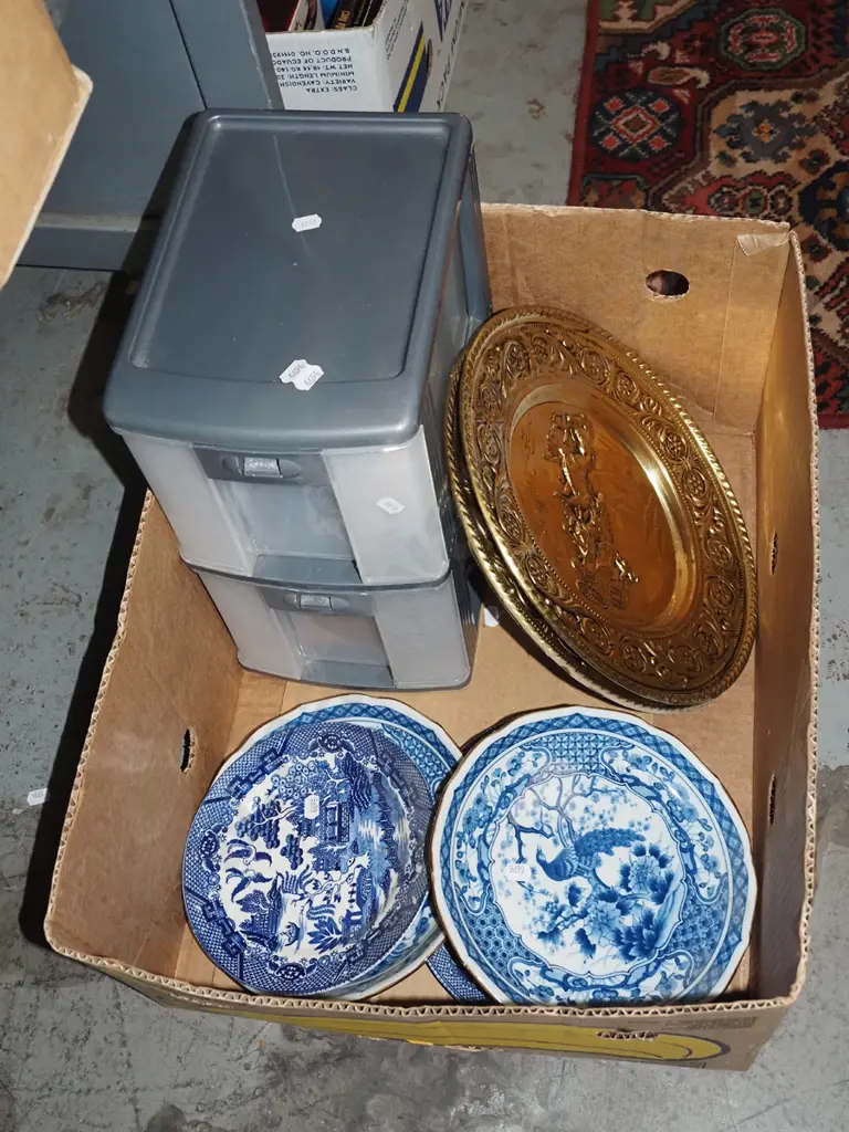box; plastic drawers, brass wall chargers, plates Image 1++