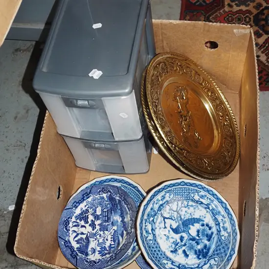 box; plastic drawers, brass wall chargers, plates