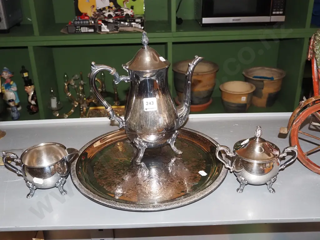 plated coffee pot, creamer sugar tray Image 1++