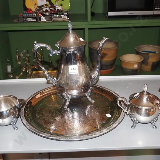 plated coffee pot, creamer sugar tray