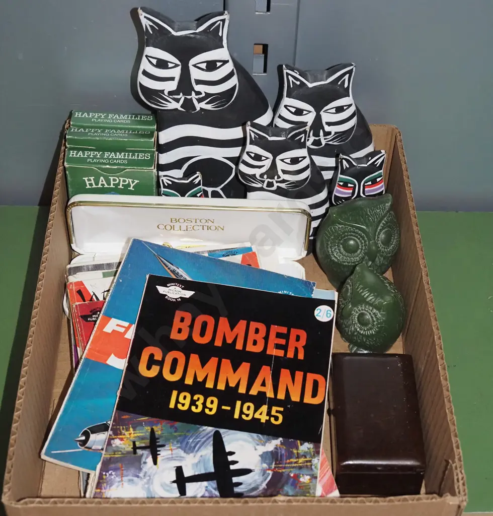 box; happy families card games, various books, cat figurines etc Image 1++