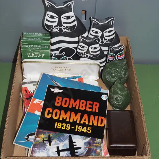 box; happy families card games, various books, cat figurines etc