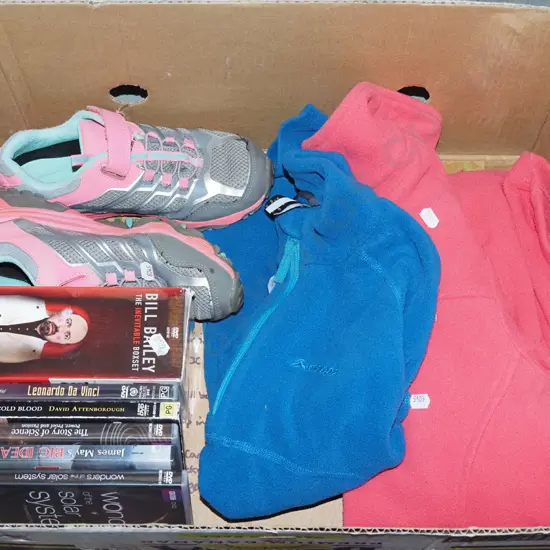 box; DVDs, clothing, sneakers
