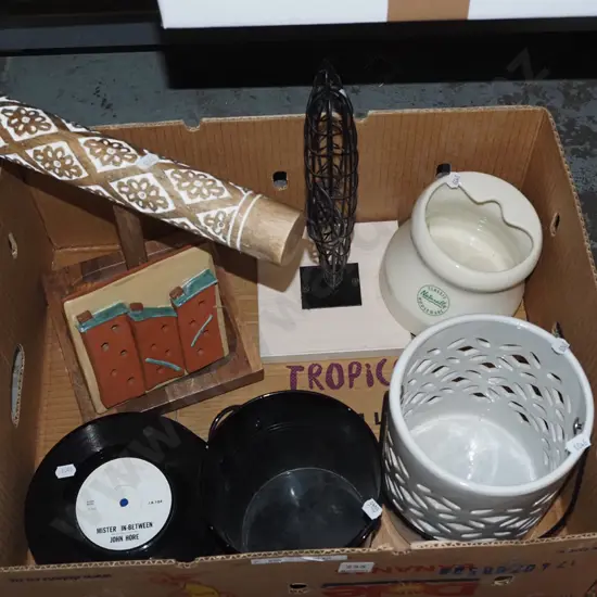 box; jewellery stands, 45s, tile wall art etc