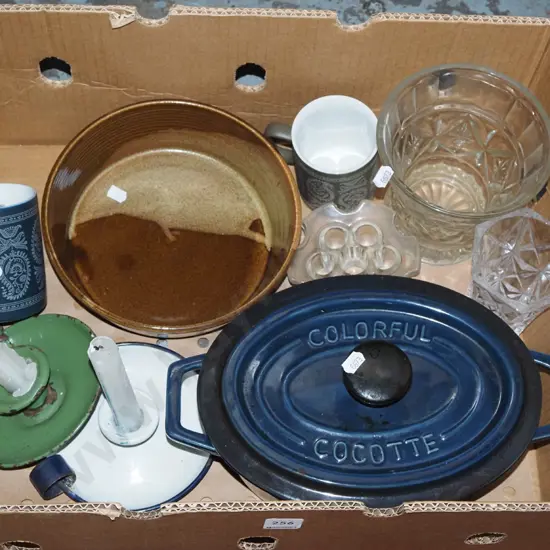 box; glass vases, coffee cups, chamber sticks etc