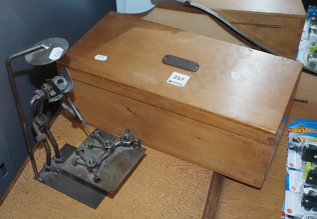 hinged wooden box, found metal sculpture Image 1++