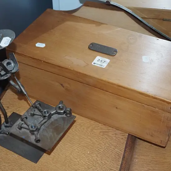 hinged wooden box, found metal sculpture