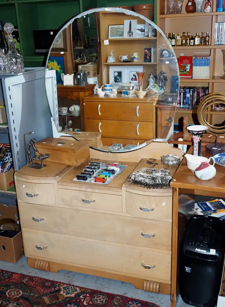 deco oak 5 drawer mirror back dresser - some fading, silvering to mirror H1580 W980 D460 Image 1++