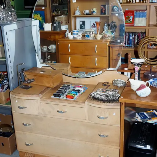 deco oak 5 drawer mirror back dresser - some fading, silvering to mirror H1580 W980 D460