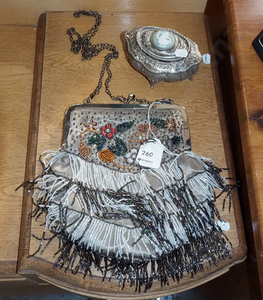 plated ware cameo trinket box, beaded purse Image 1++