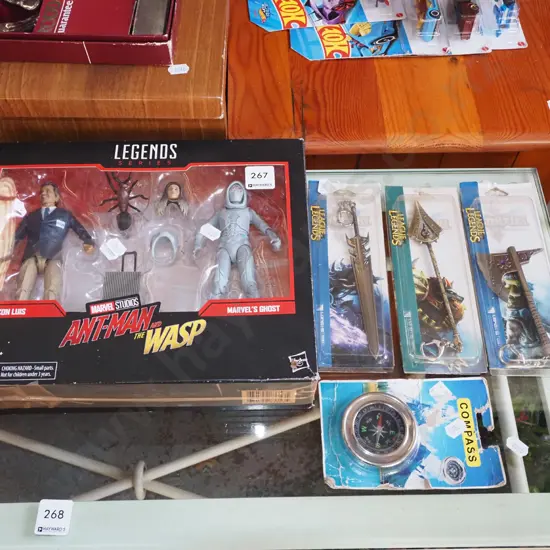 boxed Legends Antman and Wasp figurines, League of Legends Sword etc