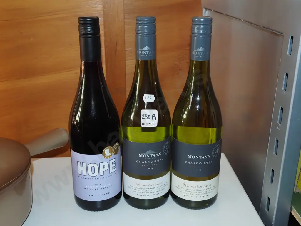 3x bottles of wine - 2x Montana chardonnay, 1x Hope pinot noir Image 1++