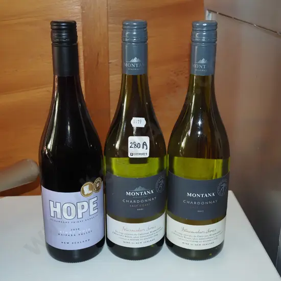 3x bottles of wine - 2x Montana chardonnay, 1x Hope pinot noir