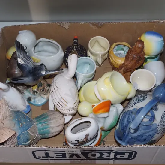 box; egg cups, novelty creamers, bird figurines etc