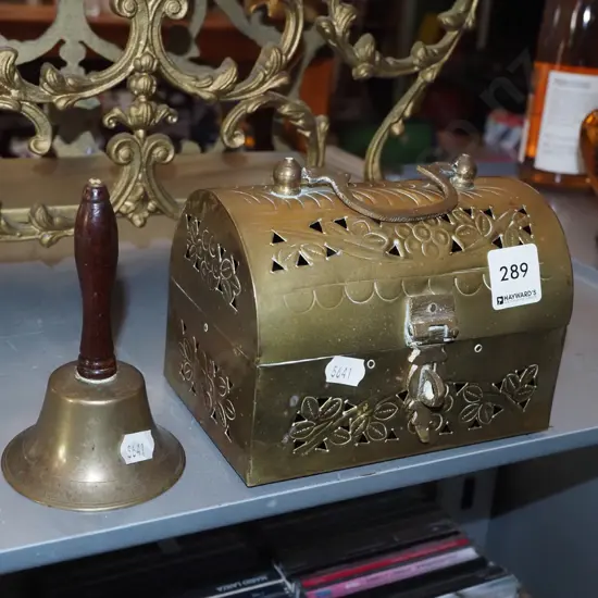 brass bell, lidded box