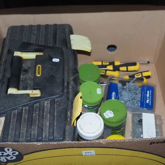 box; screwdrivers, fasteners etc