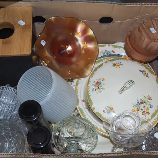 box; carnival glass comport, salt and pepper grinders etc