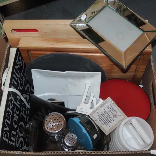 box; chopping boards, sugar shakers baking dishes etc
