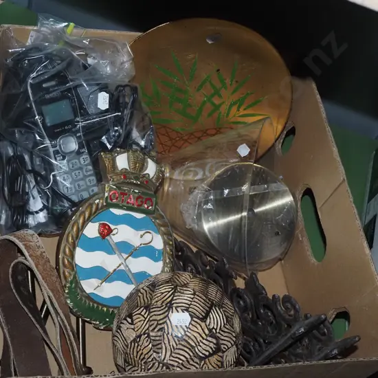 box; metal shelf brackets, wall plaque, telephone etc