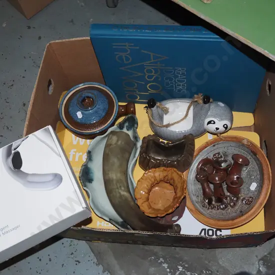 box; atlas, lidded casseroles, studio pottery wall charger etc