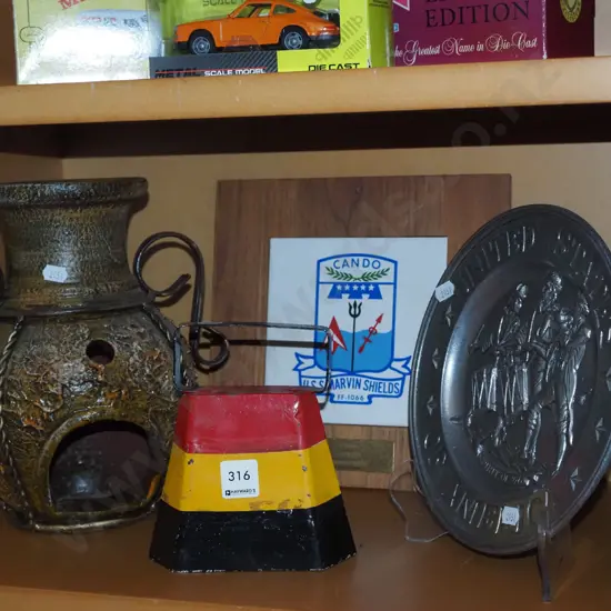 Waikato cow bell, pewter plates, presentation tile etc