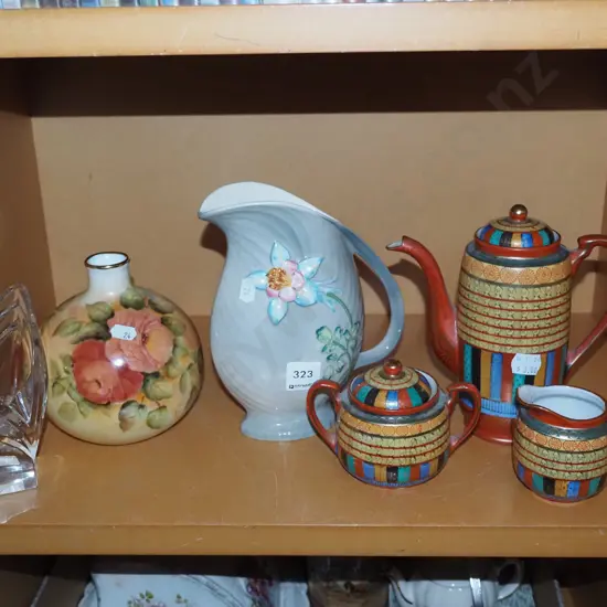 floral vase, crystal candlestick, creamer, sugar etc coffee pot missing lid