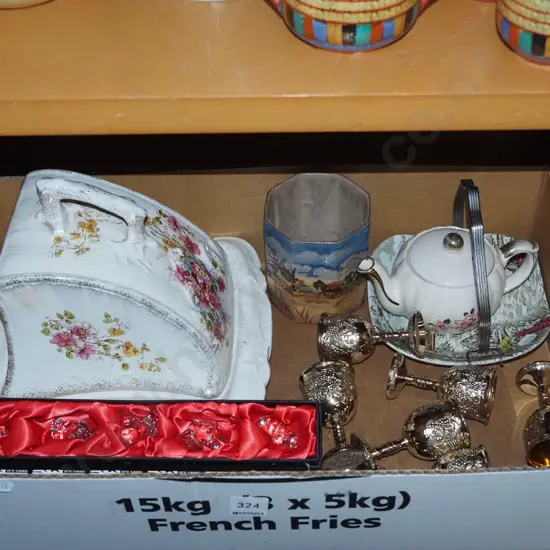 box; plated goblets, cheese cover dish, crystal elephants etc