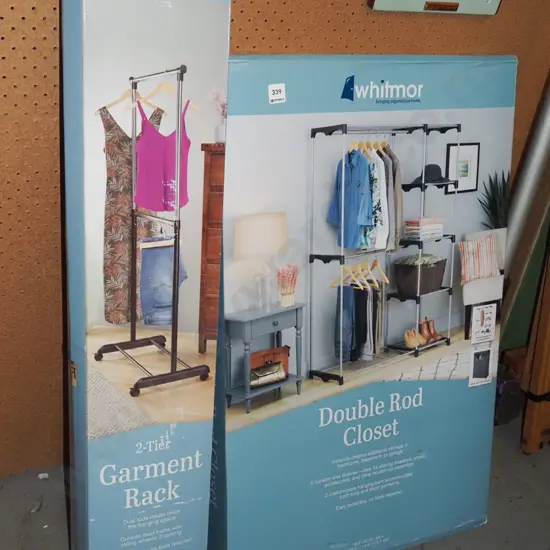 boxed as new double rod closet, 2 tier garment rack