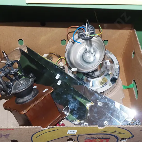 box; coffee mill, teaspoons, ceiling fan